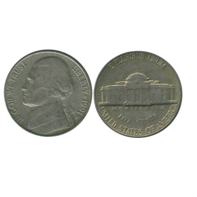 Монета 5 центов США 1991 г. P