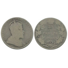 Серебряная монета 25 центов Канады 1910 г.