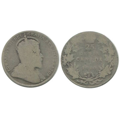 Серебряная монета 25 центов Канады 1910 г.