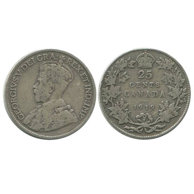 Серебряная монета 25 центов Канады 1919 г.