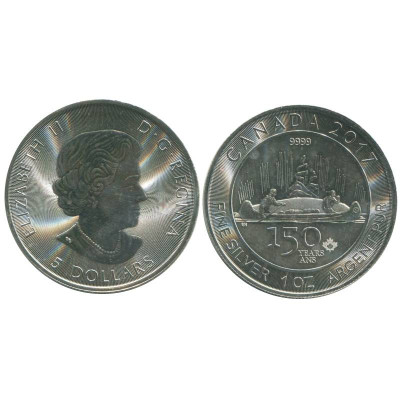 Серебряная монета 5 долларов Канады 2017 г., 150 лет Конфедерации (каноэ)
