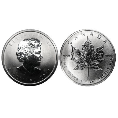 Серебряная монета 5 долларов Канады 2011 г., Кленовый лист