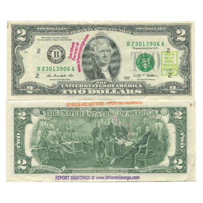 Банкнота 2 доллара США 2013 г. двор B "А где Джордж?"