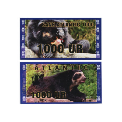 Сувенирная банкнота банка Атлантики 1000 UR 2016 г. , серия медведи (пресс)