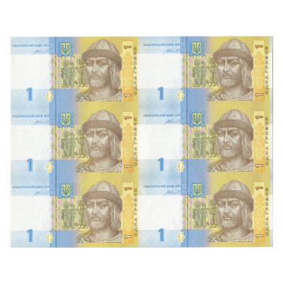 Банкнота Лист из неразрезанных банкнот Украины номиналом 1 гривна 2014 г. 6 штук (пресс)