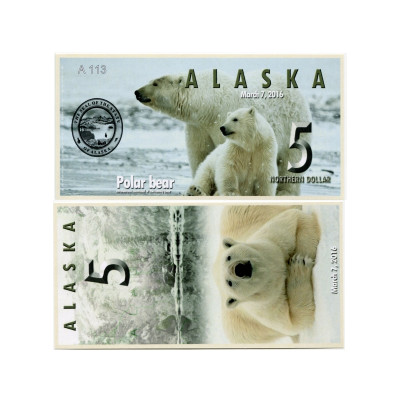 Сувенирная банкнота банка Аляска 5 северных долларов 2016 г. , полярный медведь (пресс)