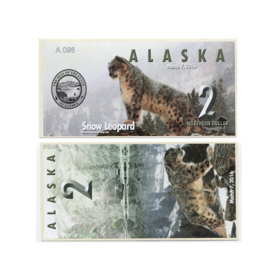 Сувенирная банкнота банка Аляска 2 северных доллара 2016 г. , снежный леопард (пресс)