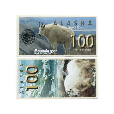 Сувенирная банкнота банка Аляска 100 северных долларов 2016 г. , горный козёл (пресс)