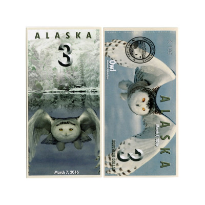 Сувенирная банкнота банка Аляска 3 северных доллара 2016 г. , Сова (пресс)