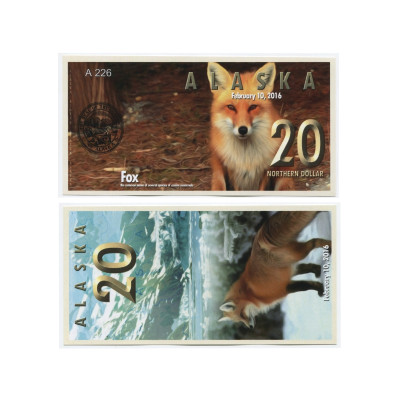Сувенирная банкнота банка Аляска 20 северных долларов 2016 г. , лиса (пресс)