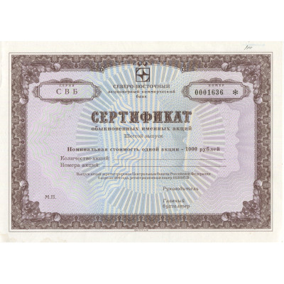 Сертификат обыкновенных именных акций 1000 рублей.
