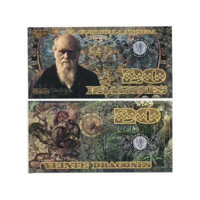 Сувенирная банкнота Колумбии 20 драгонов 2013 г. Чарльз Дарвин (пресс)