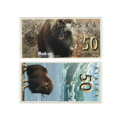 Сувенирная банкнота банка Аляска 50 северных долларов 2016 г. , овцебык (пресс)