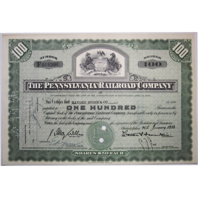 Ценная бумага "The Pennsylvania Railroad Company, 100 акций". США, 1954 г. (XF, F 615398, гашёная)
