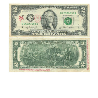 Банкнота 2 доллара США 2009 г. двор A "А где Джордж?"