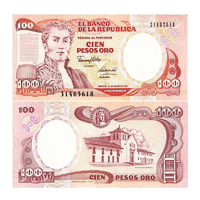 Банкнота 100 песо Колумбии 1991 г. Дата выпуска 1 января
