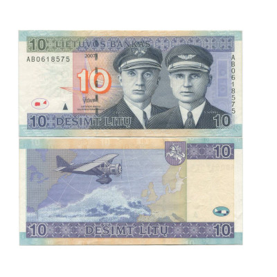 Банкнота 10 литов Литвы 2007 г. Самолёт "Lituanica"