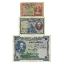 Набор банкнот Испании 10, 25, 100 песет 1925-1935 гг.