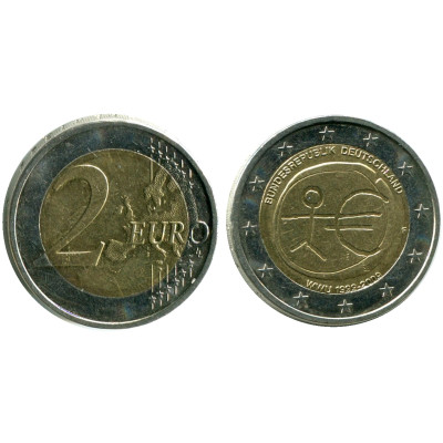 Биметаллическая монета 2 евро Германии 2009 г. 10 лет экономическому и валютному союзу (F)