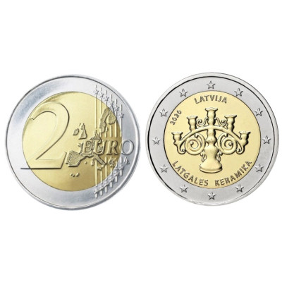 Биметаллическая монета 2 евро Латвии 2020 г. Латгальская керамика
