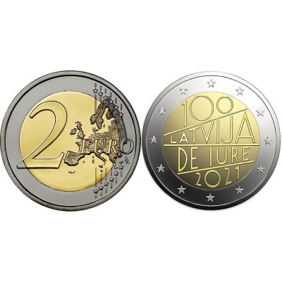 Биметаллическая монета 2 евро Латвии 2021 г. 100 лет признанию независимости Латвии