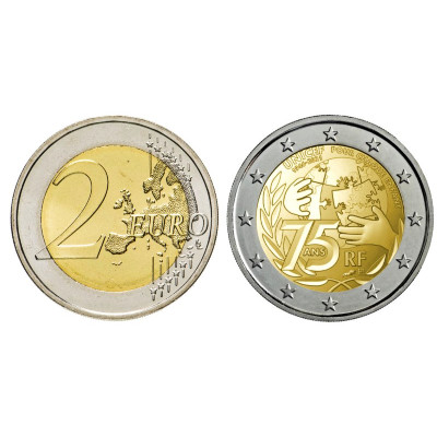 Биметаллическая монета 2 евро Франции 2021 г. 75 лет основания Юнисеф