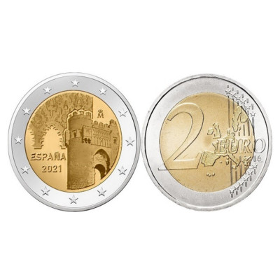 Биметаллическая монета 2 евро Испании 2021 г. Исторический город Толедо