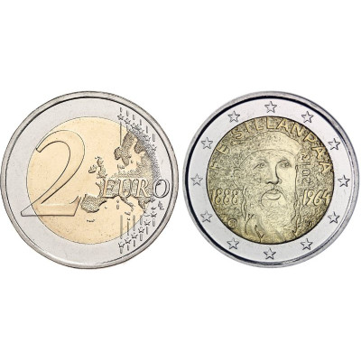 Биметаллическая монета 2 Евро Финляндии 2013 Г., 125 Лет Со Дня Рождения Нобелевского Лауреата Ф. Э. Силланпяя