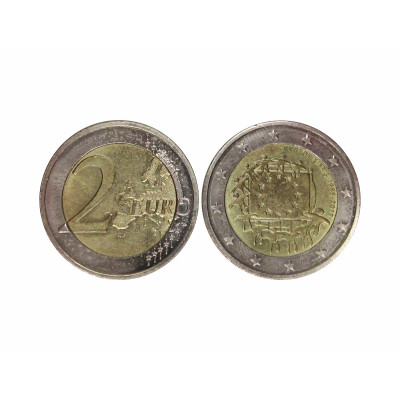 Биметаллическая монета 2 евро Кипра 2015 г. 30 лет флагу Европейского союза