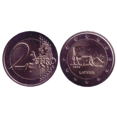 Биметаллическая монета 2 Евро Латвии 2016 Г., Латвийская Бурая Корова