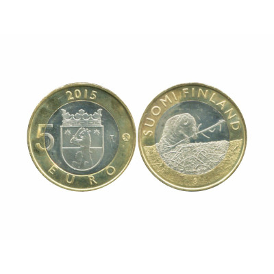 Биметаллическая монета 5 евро Финляндии 2015 г., Исторические Регионы Финляндии. Животные - Сатакунта