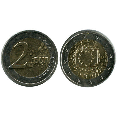 Биметаллическая монета 2 Евро Нидерландов 2015 Г., 30 Лет Флагу Евросоюза