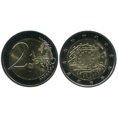 Биметаллическая монета 2 Евро Литвы 2015 Г., 30 Лет Флагу Евросоюза