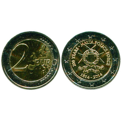 Биметаллическая монета 2 Евро Мальты 2014 г., 200 Лет Полиции Мальты 1814 - 2014 Гг.