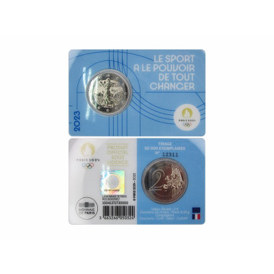 Биметаллическая монета 2 евро Франции 2023 г. XXXIII летние Олимпийские игры, Париж 2024 в блистере