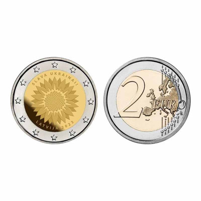 Биметаллическая монета 2 евро Латвии 2023 г. Подсолнух. Украина