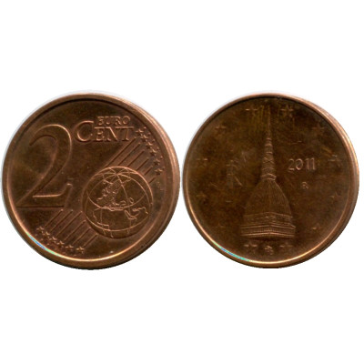 Монета 2 евроцента Италии 2011 г.