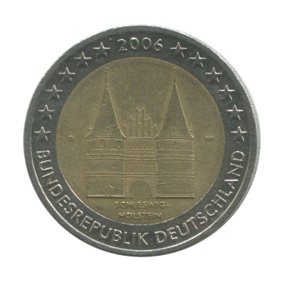 Биметаллическая монета 2 евро Германии 2006 г. Голштинские ворота в Любеке, Шлезвиг-Гольштейн G)