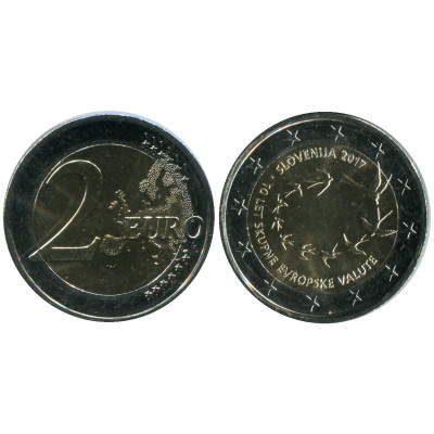 Биметаллическая монета 2 Евро Словении 2017 Г., 10 Лет Введения Евро В Словении