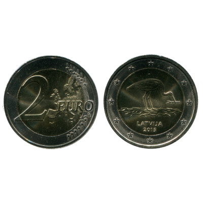 Биметаллическая монета 2 Евро Латвии 2015 Г., Чёрный Аист