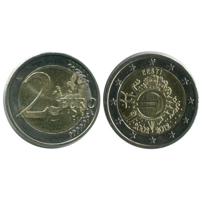 Биметаллическая монета 2 Евро Эстонии 2012 Г., 10 Лет Наличному обращению Евро