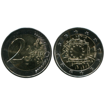 Биметаллическая монета 2 Евро Латвии 2015 Г., 30 Лет Флагу Евросоюза