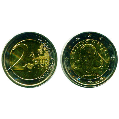 Биметаллическая монета 2 Евро Италии 2014 Г., 450 Лет Со Дня Рождения Галилео Галилея