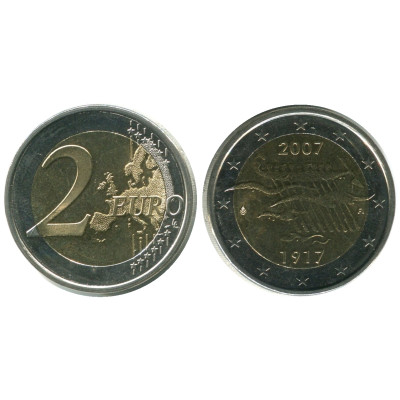 Биметаллическая монета 2 Евро Финляндии 2007 Г., 90 Лет Провозглашения Независимости Финляндии