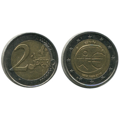 Биметаллическая монета 2 Евро Испании 2009 Г., 10 Лет Экономическому и Валютному Союзу