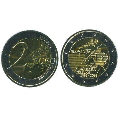 Биметаллическая монета 2 Евро Словении 2014 Г., 600 Лет Со Дня Воцарения Барбары Цилли