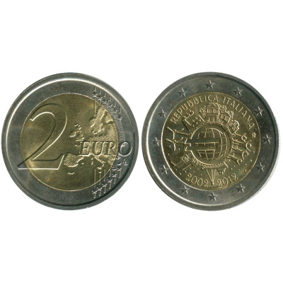 Биметаллическая монета 2 Евро Италии 2012 Г., 10 Лет Наличному обращению Евро