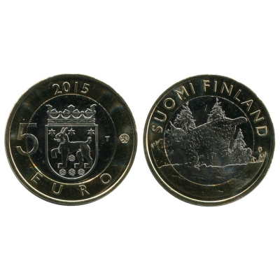 Биметаллическая монета 5 Евро Финляндии 2015 Г., Исторические Регионы Финляндии. Животные - Тавастия, Рысь
