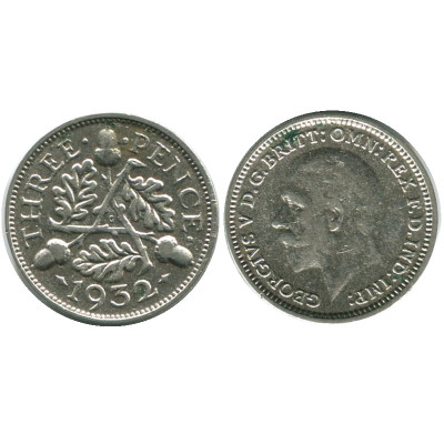 Серебряная монета 3 пенса Великобритании 1932 г.
