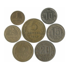 Годовой набор 7 монет 1, 2, 3, 5, 10, 15 и 20 копеек СССР 1935 г. Новый герб